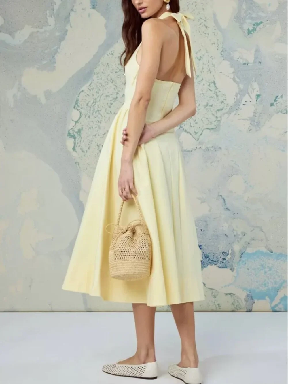 NWT ASTR The Label Meana Midi Dress XS/S/M Lemon Halter Plunge Drop-Waist